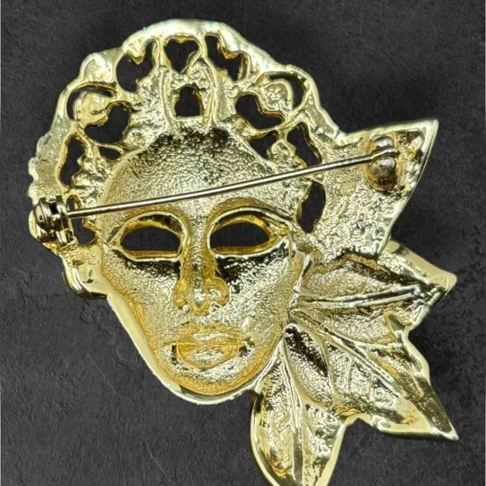 Vintage Gold Tone Womans Face Mask With Leaves Brooch